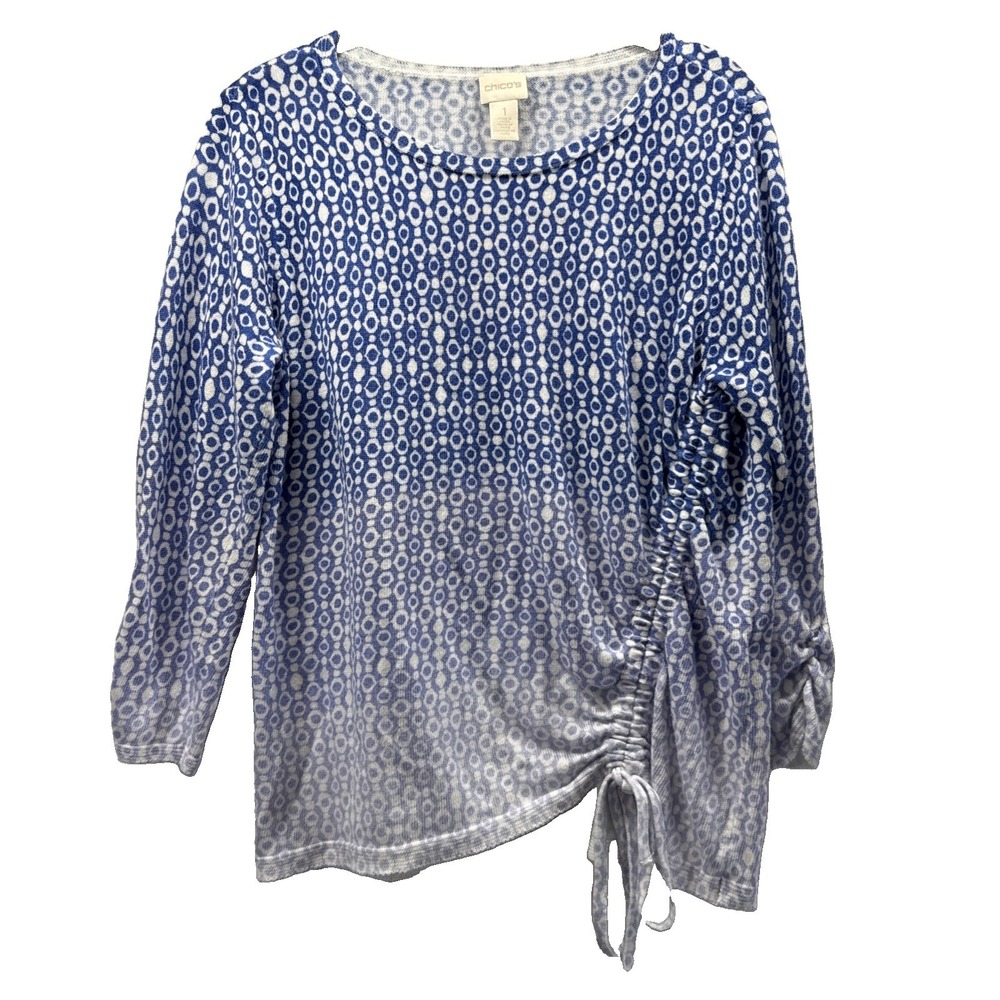 Chicos Womens Sweater Top Size Medium Blue Geometric Ruched Front Tiw 3/4 Sleeve